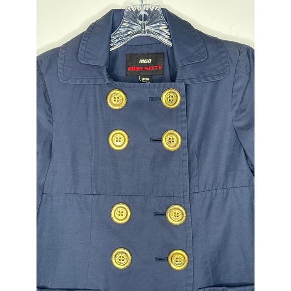Miss Sixty M60 Navy Trench Jacket Gold Button Military Style pleated back XS - Picture 5 of 13